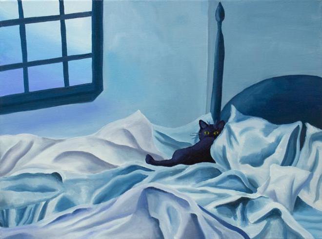 用深浅不一的蓝色描绘卧室的一幅画. 一张未整理的床占据了这幅画的下半部分. 有一只黄眼睛的猫躺在床上，盯着观看者. 在这幅画的右上方，有一扇向外的窗户.